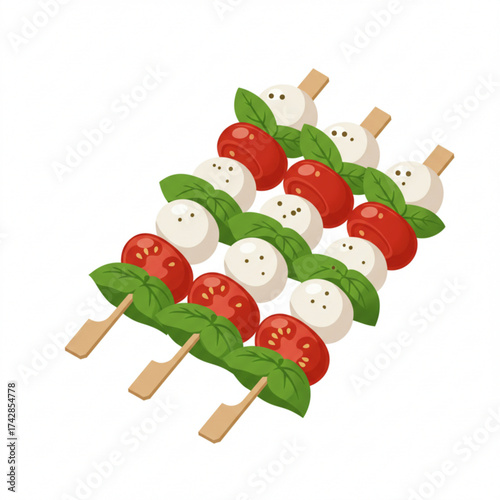Caprese skewers with mozzarella, tomatoes and basil on a white background, three pieces