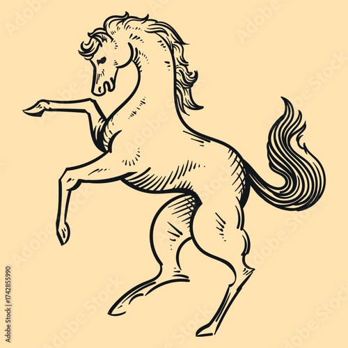 Horse engraving illustration, retro, vintage, linocut design year of the horse 2026