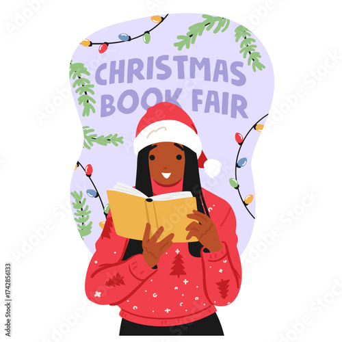 Christmas book fair cartoon advertising poster with inspired young woman reading vector illustration