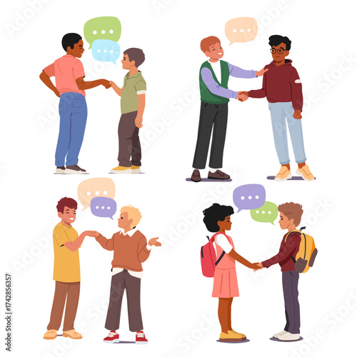 Children of different age and nationality shaking hands communicating showcasing friendship set