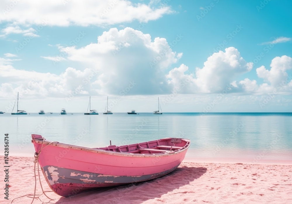 Naklejka premium Pink boat on a tropical beach with turquoise water and blue sky creating a serene seascape