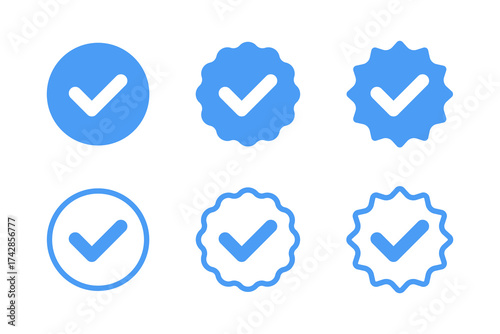 Badge check icon. Verify icon stamp. Blue flat star shape stickers. Verified badge profile set. Social media account verification icons . Isolated check mark. Guaranteed signs. Vector illustration.