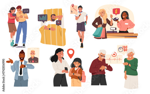People using smart watch on wearable devices in daily life routine isolated cartoon scenes set