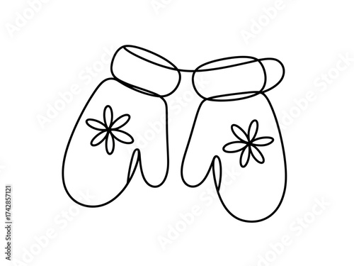 Vector art of pair of winter mittens with snowflake design in line art style