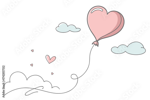 Single floating balloon heart, minimal pastel Valentine’s Day 2026 illustration, romantic simple vector art for cards, gifts, and celebration templates.
