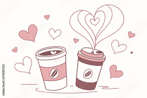 Two coffee cups with heart-shaped steam, flat minimalist Valentine’s Day 2026 vector, cute modern illustration for romantic café cards and cozy love artwork.
