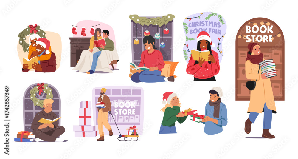 Fototapeta premium Diverse people characters enjoying reading during holiday eve and shopping at Christmas book store
