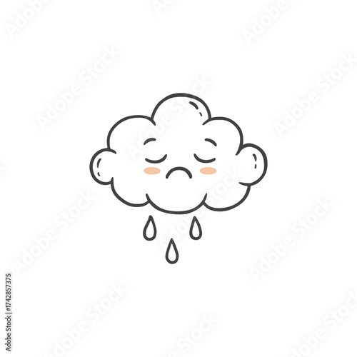 Cartoon sad cloud wiht drops of rain. Weather Icon isolated on white. Rain storm cloud in doodle style. Bad weather. Vector illustration