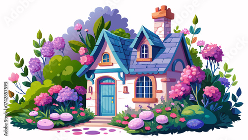 Adorable French country cottage with lilac bushes and pink roses, whimsical fantasy look, vibrant vector color harmony, pure white background, filled with joyful spring spirit.