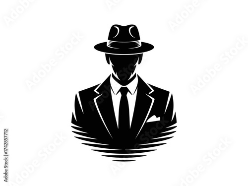 Vector art of silhouette of a mysterious man in a suit and hat