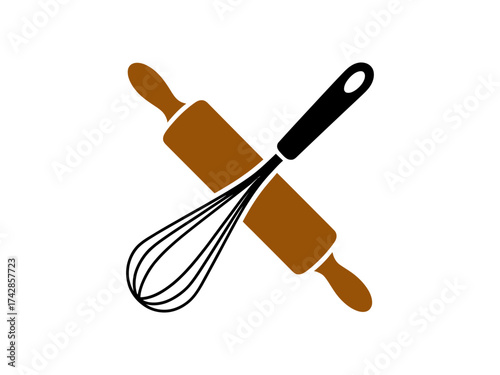 Vector art of rolling pin and whisk crossed, baking and cooking utensils