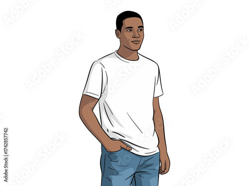Illustration of a young man in a white tshirt and blue jeans