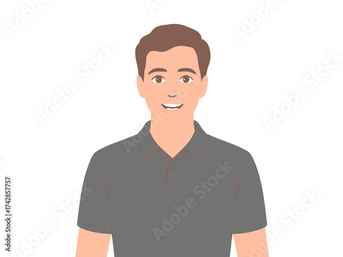 Vector art of smiling man in gray shirt, vector illustration