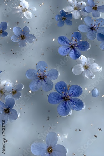 blue and white flowers with silver glitter floating on water aesthetic floral wallpaper
