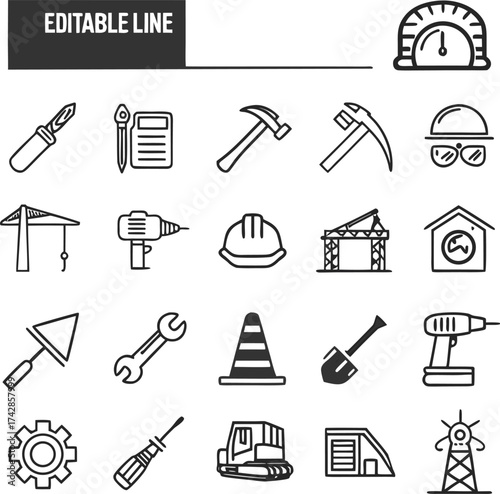 Black silhouette vector icons set of construction tools like a hammer, wrench, saw, and drill for building and repair equipment illustrations