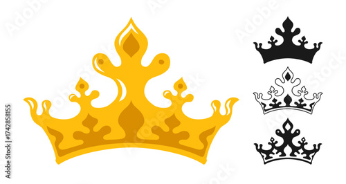 Crown symbol gold set. Royal luxury floral crown icon collection. Heraldry diverse king, queen crowns designs elements art vector illustration isolated on white background, symbolizing power authority