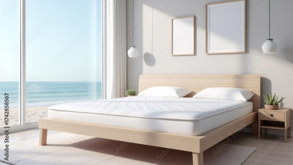 Fototapeta premium Bedroom interior by the beach with bed, minimalist decoration & sunlight