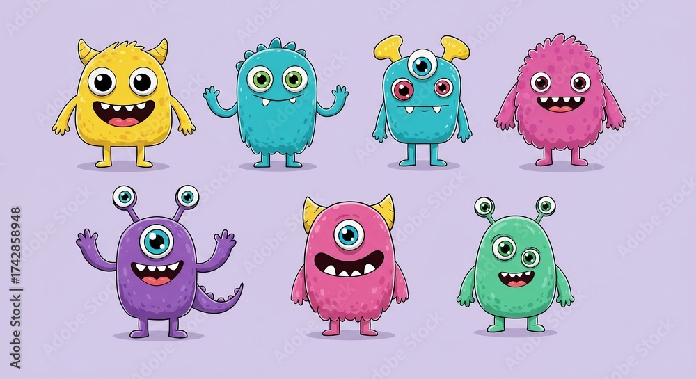 Fototapeta premium A collection of seven adorable cartoon monsters in bright colors and unique shapes, standing on a purple background with playful and cheerful expressions.