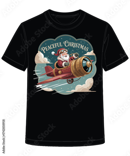 Vector art of peaceful christmas santa claus flying on an airplane tshirt design, spreading holiday cheer and festive spirit
