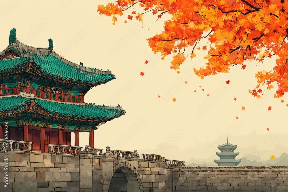 Fototapeta premium Autumn leaves gracefully falling around traditional East Asian architecture with intricate detail showcasing nature's beauty and seasonal change symbolizing history and harmony