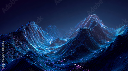 Futuristic digital mountain landscape with glowing data points and lines