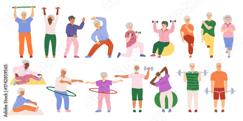 Older people play sports cartoon set. Elderly characters old men, women, senor senoras hobbies. Adult seniors running, fitness exercises, gymnastics in gym, cardio, yoga class, stretching, jogging