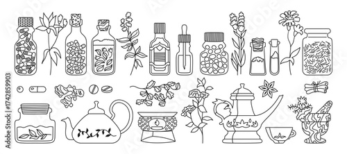 Ayurveda medicine doodle line set. Flat medical ayurvedic vector illustration. Medicine bottle with pills capsules vitamin, cosmetics. Tincture tea and teapot cup, ginger and spices. Herbs and flowers