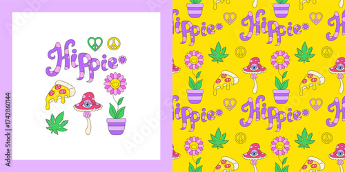 Retro sticker funny cartoon seamless pattern. Psychedelic comic sticker hippie style, mushroom and pizza trendy 90s cartoon boundless background. Endless vector print textile fabric wrapper template
