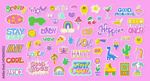Retro happy sticker pack bright set 90s. Vintage comic label shape smiling face. Hippie groovy trendy cool sticker cartoon style. Naive playful old school quote patch bundle vector illustration
