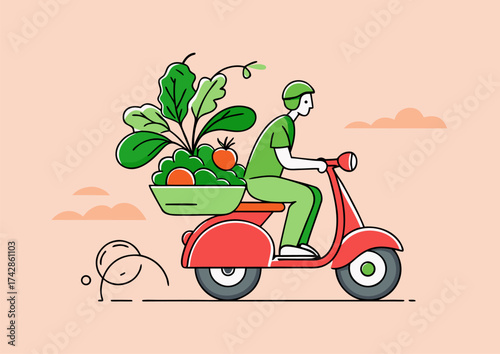 Environmentally friendly grocery delivery service on scooter illustration for healthy eating