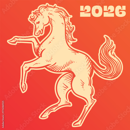 Horse engraving illustration, retro, vintage, linocut design year of the horse 2026