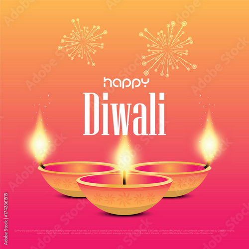 Happy Diwali greeting with three glowing diyas and stylized fireworks on a colorful pink and orange gradient background. A vibrant, modern vector illustration for the festival of lights.
