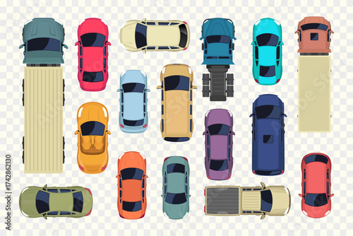 Various colorful cars, trucks, and vans top view on transparent background. Vector illustration