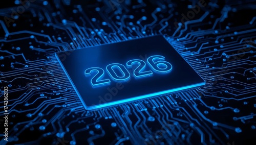 The metallic numbers 2026, embossed in a futuristic font, are clearly visible on the glowing blue surface of the microchip.