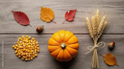 Autumn harvest featuring pumpkin, wheat, and corn on rustic wood presents abundance of fall. Autumn harvest is a beautiful arrangement with fallen leaves, acorns, and tied sheaves,