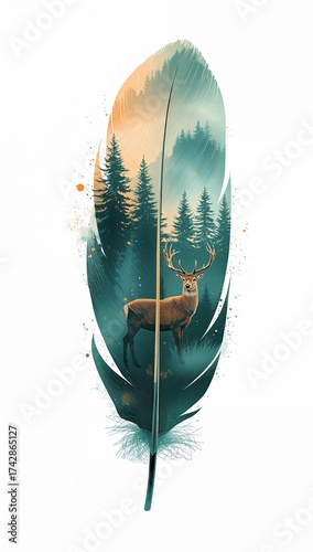 Artistic illustration of a deer in a forest landscape within a feather shape on a white background