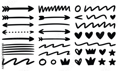 Vintage black and white vector set of calligraphic design elements including ribbons, banners, borders, and page decorations