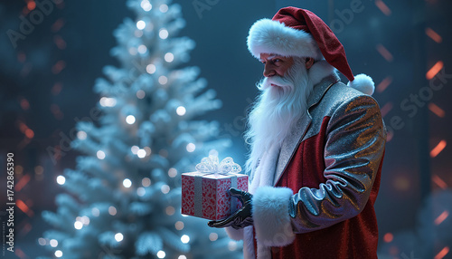 Santa Claus holding a gift standing by a decorated Christmas tree  