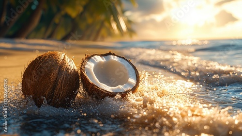 Coconut on Tropical Beach with Ocean Waves at Sunset