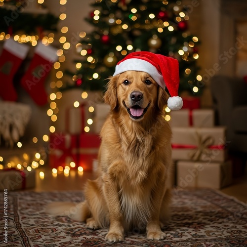 Golden Retriever dog wearing Santa hat sitting in front of a cozy Christmas tree with lights and fireplace, festive holiday background