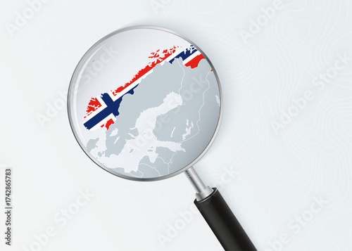 Norway Map Under Magnifying Glass with National Flag Overlay.