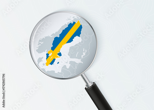 Sweden Map Under Magnifying Glass with National Flag Overlay.