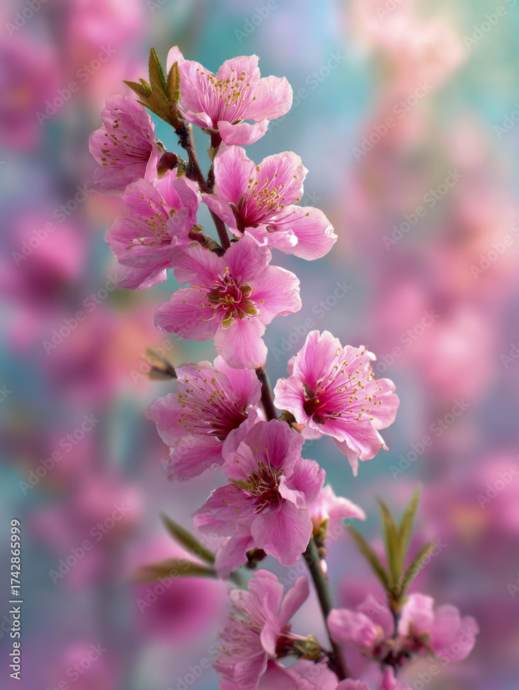 Obraz premium Vibrant pink blossoms blooming on a slender branch with soft green leaves against a dreamy blurred background of pastel colors in springtime scenery