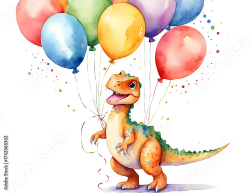 Watercolor illustration of cute dinosaur with colorful balloons. Greeting birthday card, poster, banner for children. White background., dragon with balloons