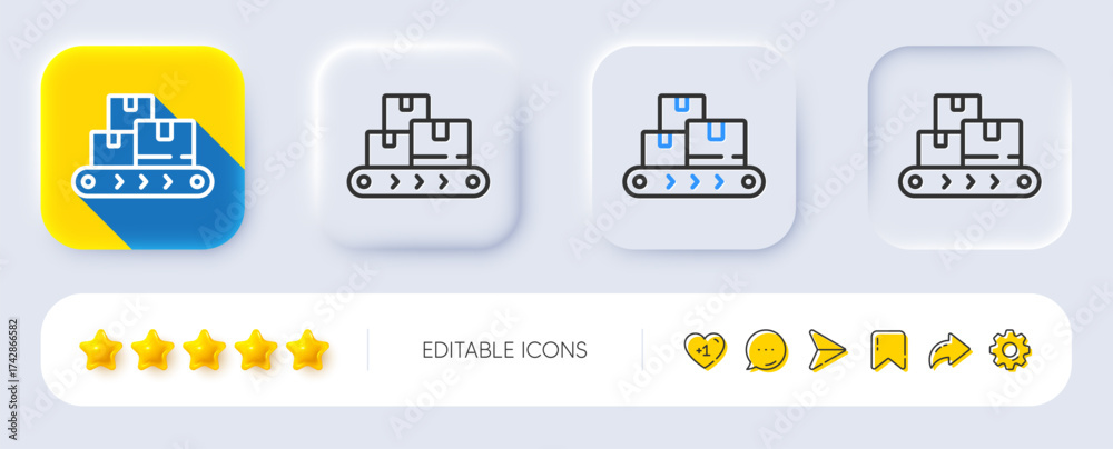 Obraz premium Wholesale goods line icon. Neumorphic, Flat shadow, 3d buttons. Warehouse boxes belt sign. Logistic inventory symbol. Line wholesale goods icon. Social media icons. Vector