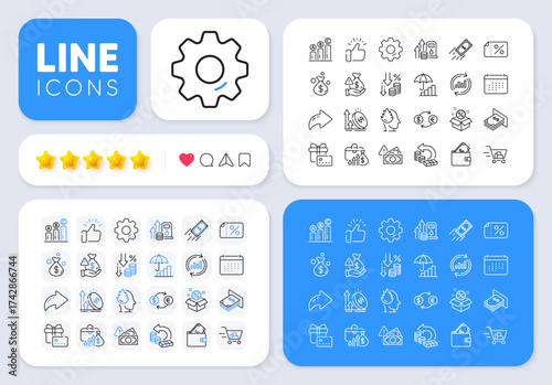 Atm money, Fuel price and Graph chart line icons for web app. Message, Share, Like social media icons. Pack of Gift card, Deflation, Discount banner pictogram icons. Vector
