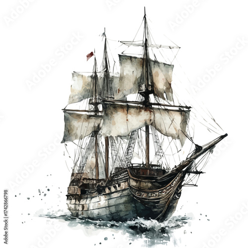 Galleon, watercolor painting vector, isolated on a white background.