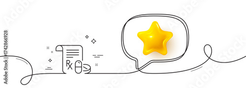 Medical prescription line icon. Continuous line with 3d star. Medicine pills sign. Pharmacy medication symbol. 3d star in speech bubble. Medical prescription single line ribbon. Vector