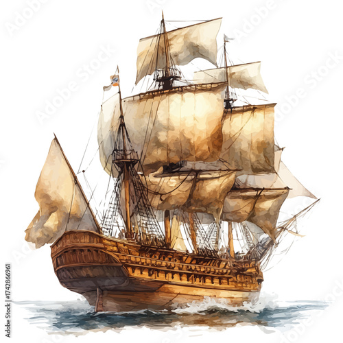 Galleon, watercolor vector, isolated on a white background.