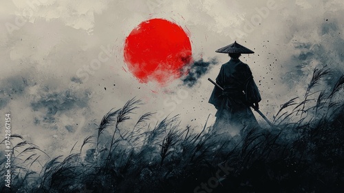 Lonely Samurai Standing on Windy Hill Under Red Rising Sun